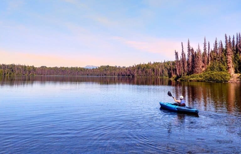 Kayaking the lake at the Alaska Pioneer Cabin fly-in Outpost.